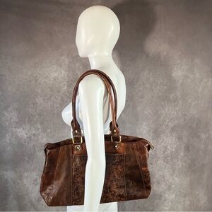 Valenchi Floral Leather Embroidered Rolled Handle Zip Top Tote Purse Brown